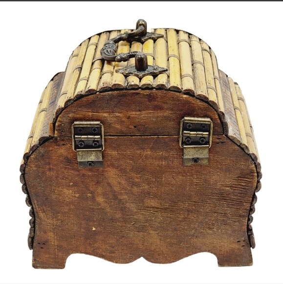 Vintage Wooden Bamboo Jewelry Box Chest Trinket Decor Metal Hinges & Slide Lock. - Picture 2 of 12